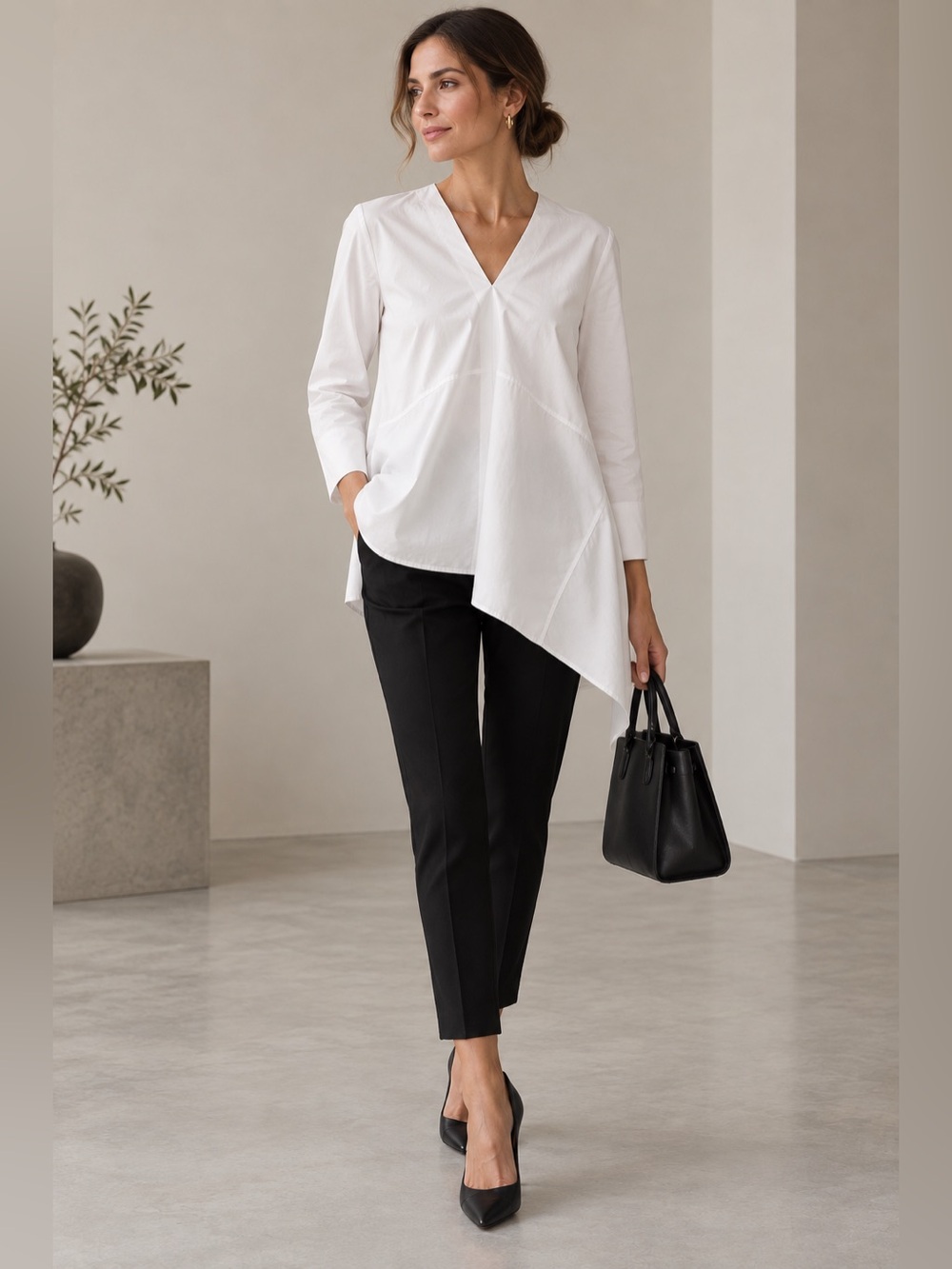 COS White Architectural Asymmetrical Tunic Blouse V Neck Long Sleeve EUR 38